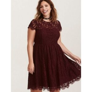 Torrid Lace Open Back Skater Dress, Burgundy, Size 16